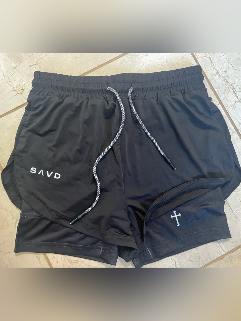 NWOT SAVD Women’s Performance Gym Running Shorts Christian Cross Black Size XS